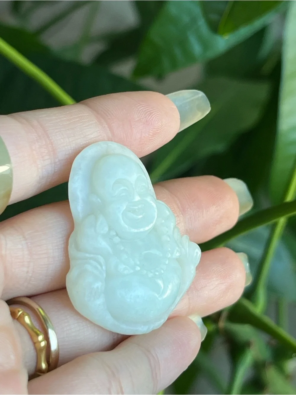 Natural White Jadeite-Style Nephrite Jade Carved Laughing Buddha Pendant - NWOT